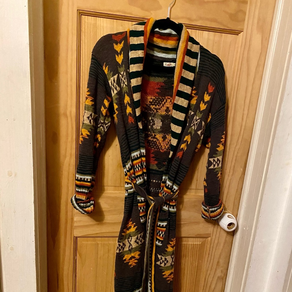 Faherty duster sweater, southwest pattern, with belt